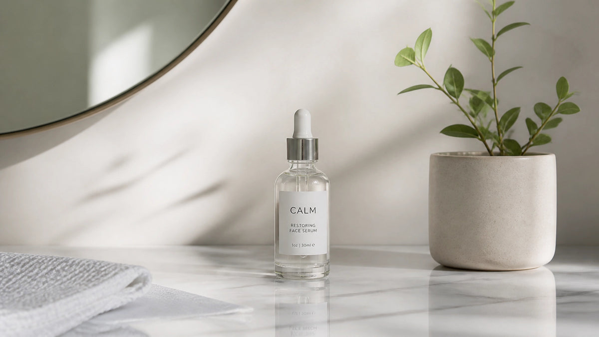 A minimalist bathroom vanity with a clean white marble surface, a sleek glass bottle, and a small green plant under soft, nat